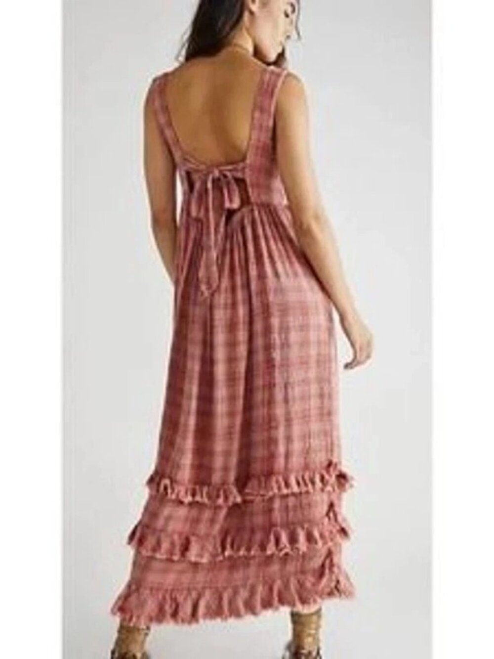 Free People Lily Anne Maxi Dress Plaid Ruffle Hem Back Tie Rose Terracotta XL - Picture 2 of 13